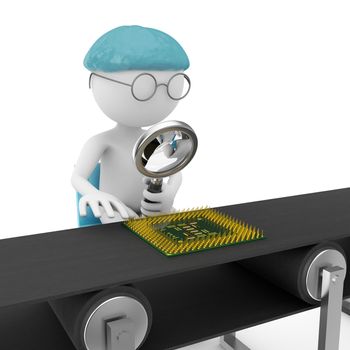 man with a magnifying glass looking at a chip on the assembly line
