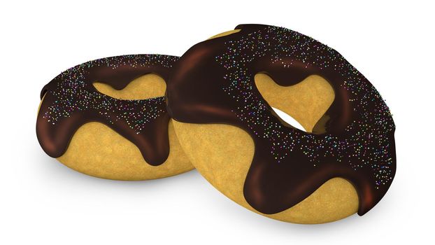 two chocolate donut sprinkled with colored glaze on a white background