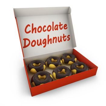 six chocolate donuts sprinkled with glaze in the box