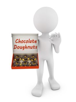 man holding an open box of chocolate donuts