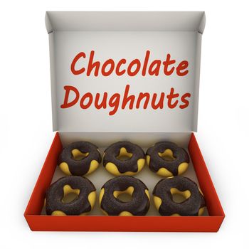 six chocolate donuts sprinkled with glaze in the box