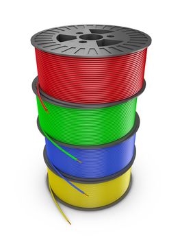 four plastic reel with colored wires, 3d render