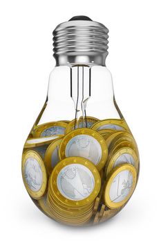 Euro coins inside a the filament lamp bulb
