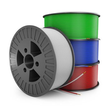 four plastic reel with colored wires, 3d render