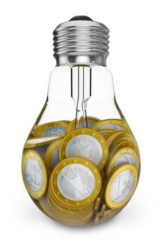 Euro coins inside a the filament lamp bulb