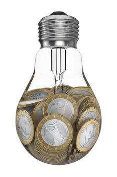 Euro coins inside a the filament lamp bulb