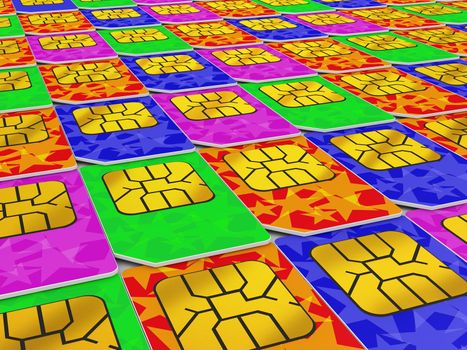 Colorful sim cards with starry design texture.