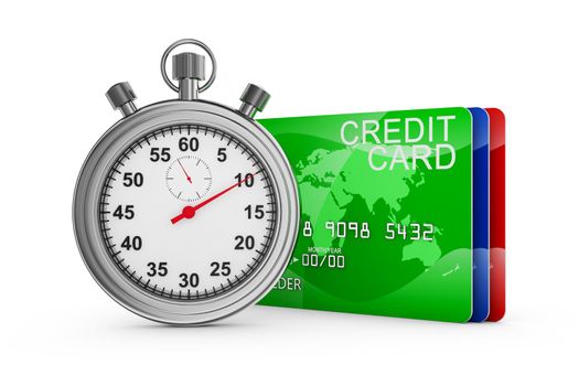 Mechanical stopwatch and three colored credit cards