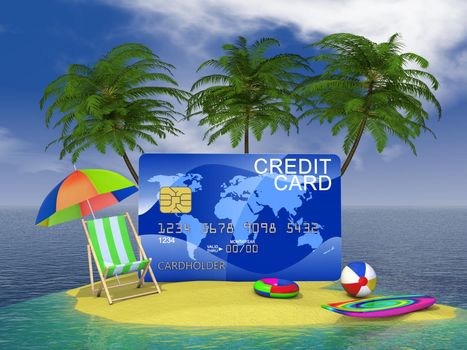 credit bank card on a tropical island