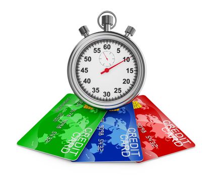 Mechanical stopwatch and three colored credit cards