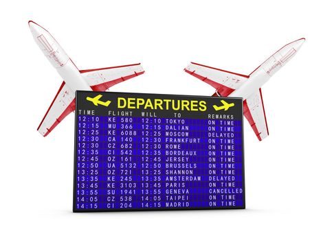 departure board at an airport with flights to the background airplanes