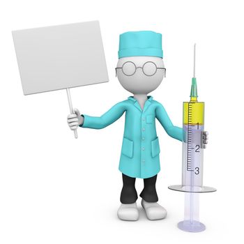 Doctor with a signboard and a syringe with medicine