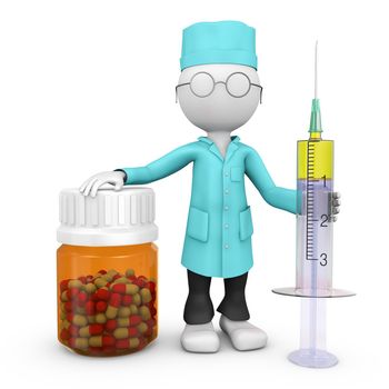 Doctor with a syringe and a bottle with medication capsules