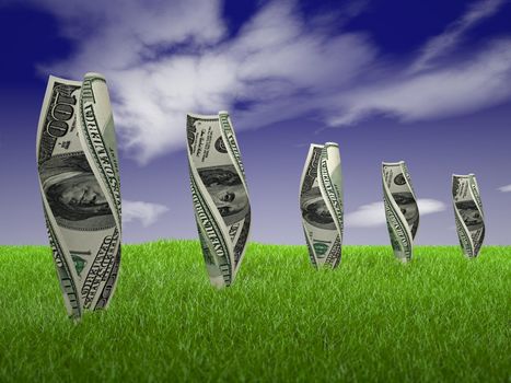 dollar bills and the grass on a sky background