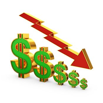 Dollar symbols of different sizes and arrow