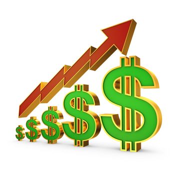 Dollar symbols of different sizes and arrow