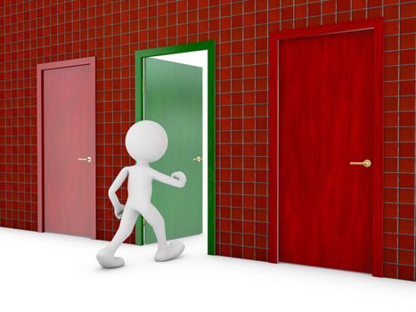 man passes through the green door, 3d render