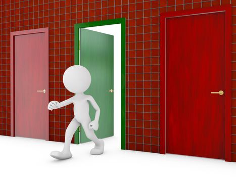 man passes through the green door, 3d render