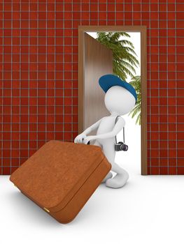 man with suitcase at the door 3d render