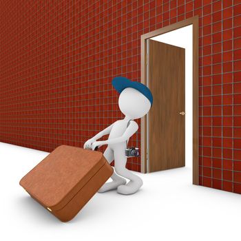 man with suitcase at the door 3d render