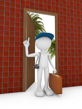 man with suitcase at the door 3d render