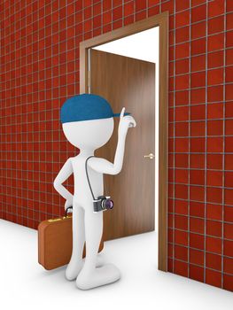 man with suitcase at the door 3d render