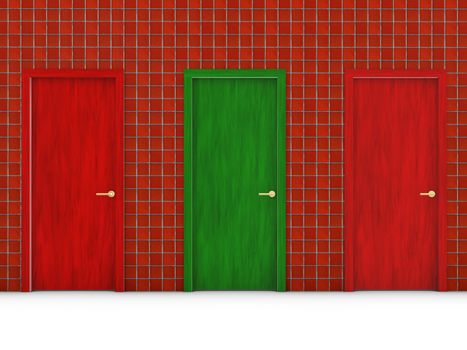 green door and two red doors in the wall tiles