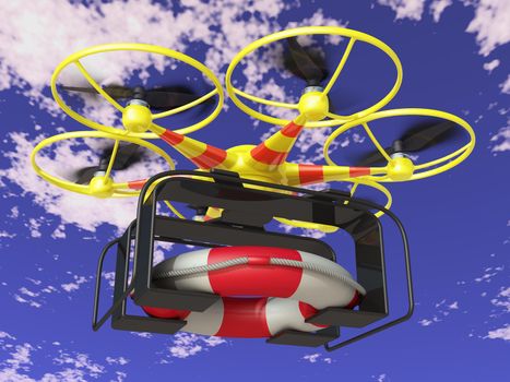 Yellow flying drone transports the lifebuoy on the sky background