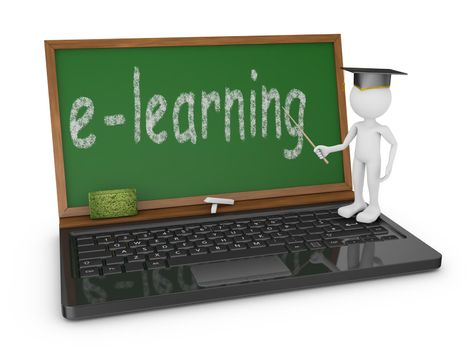 laptop with chalk board on which is written e-learning and a man with a pointer