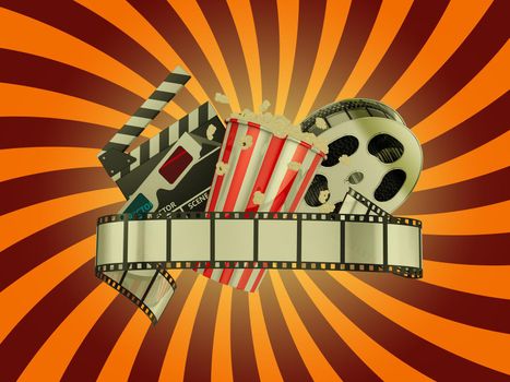 film and popcorn on a background of red and orange rays