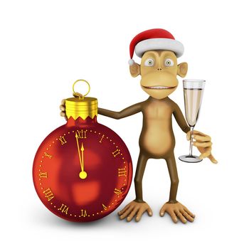Funny monkey with a santa hat and a glass of wine and watch in the shape of a ball indicating the approach of the new year.