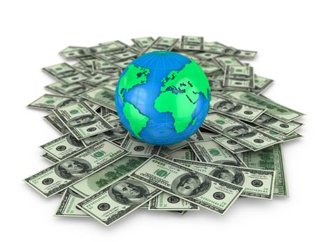 a globe on dollar notes 3d render