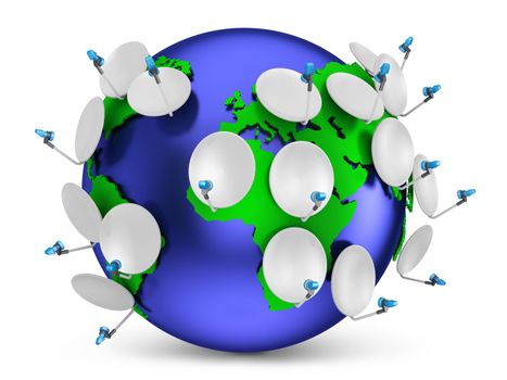 Blue globe with green continents with lots of satellite dishes.