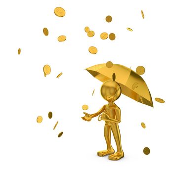 Golden Man with umbrella and coins dollars