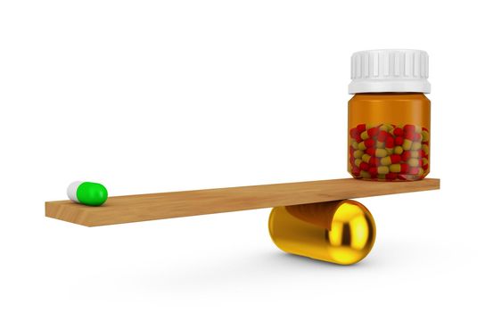 Capsule and bottle with capsules teetering on wooden board that rests on big gold capsule.