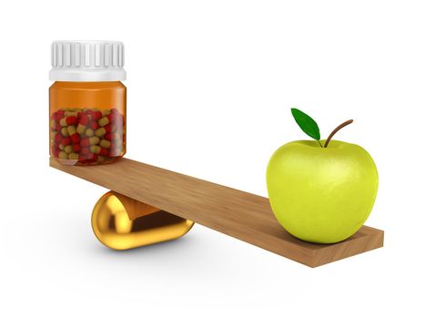 Apple and bottle with capsules teetering on wooden board that rests on big gold capsule.
