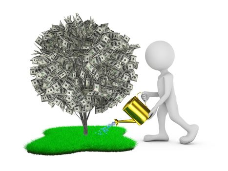 man watering tree with dollar bills on the green grass