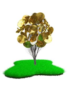 tree with dollar coins on a green grass