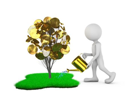 man watering tree with dollar coins on a green grass