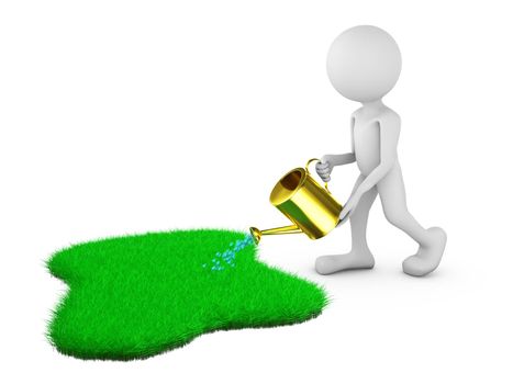 man watering from a watering can green grass