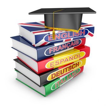 language textbooks with country flags and graduate cap