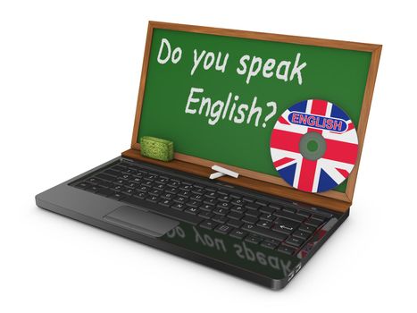 Laptop with CD and chalk board instead of the screen on which is written - Do you speak English?