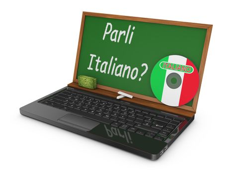 Laptop with CD and chalk board instead of the screen on which is written - Do you speak Italian?