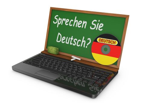 Laptop with CD and chalk board instead of the screen on which is written - Do you speak German?