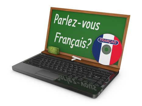 Laptop with CD and chalk board instead of the screen on which is written - Do you speak French?