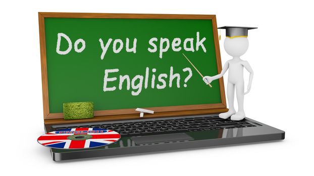 Laptop with chalk board instead of the screen and the man in the hat Master points to the inscription - Do you speak English?