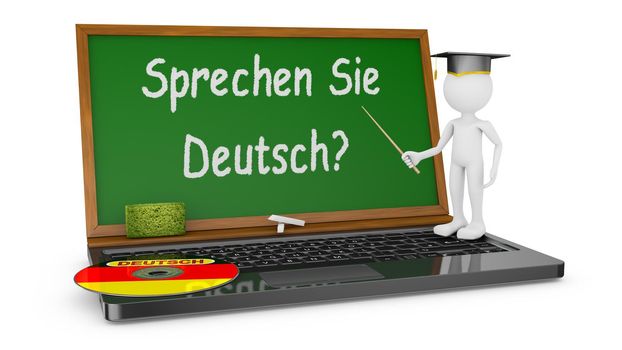 Laptop with chalk board instead of the screen and the man in the hat Master points to the inscription - Do you speak German?