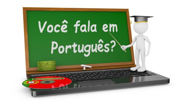 Laptop with chalk board instead of the screen and the man in the hat Master points to the inscription - Do you speak Portuguese?