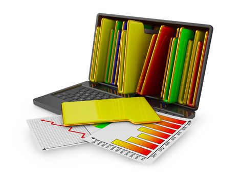 Laptop with folders and sheets with infographics