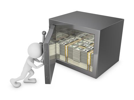 man closes the door of the safe in which are stored a pack of dollars